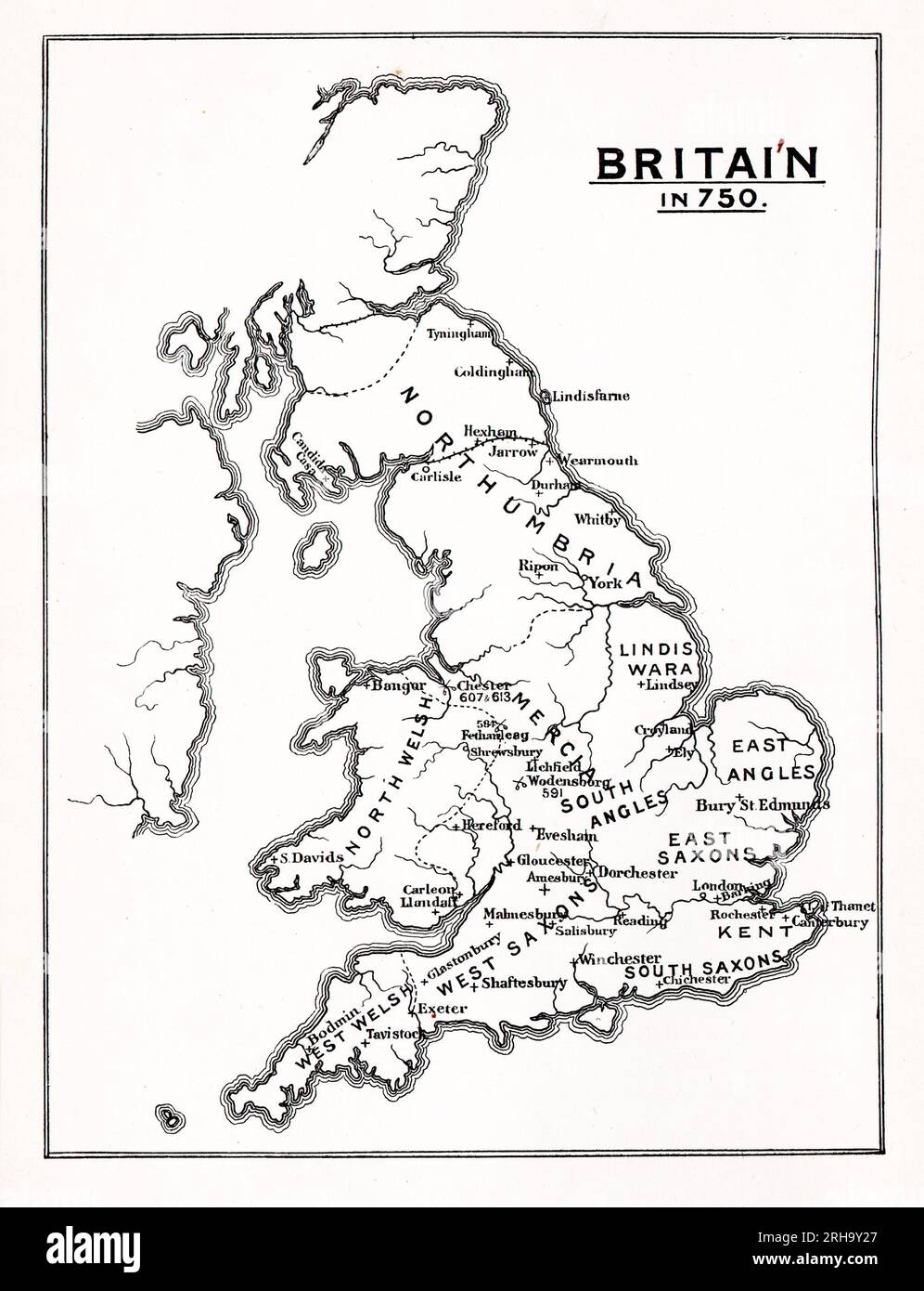 Mappa di Britian nel 750 d.C. che mostra i regni anglosassoni del Galles occidentale, del Galles settentrionale, dei Sassoni occidentali (Wessex), dei Sassoni meridionali, del Kent, Anglia orientale, Mercia, angoli meridionali, Lindiswara e Northumbria. Da vite dei Santi di Sabin Baring-Gould. Foto Stock