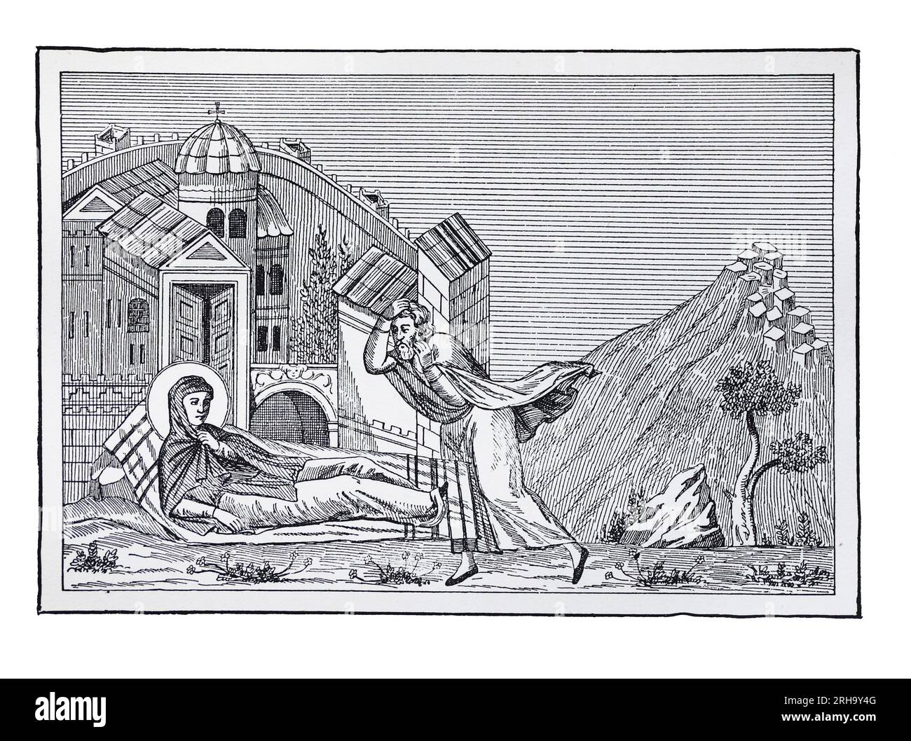 Sant'Eufrosina, trovandosi alla porta della morte, si fa conoscere a suo padre. Dal Menologium Graecorum del Cardinale Albani. Incisione da Lives of the Saints di Sabin Baring-Gould. Foto Stock