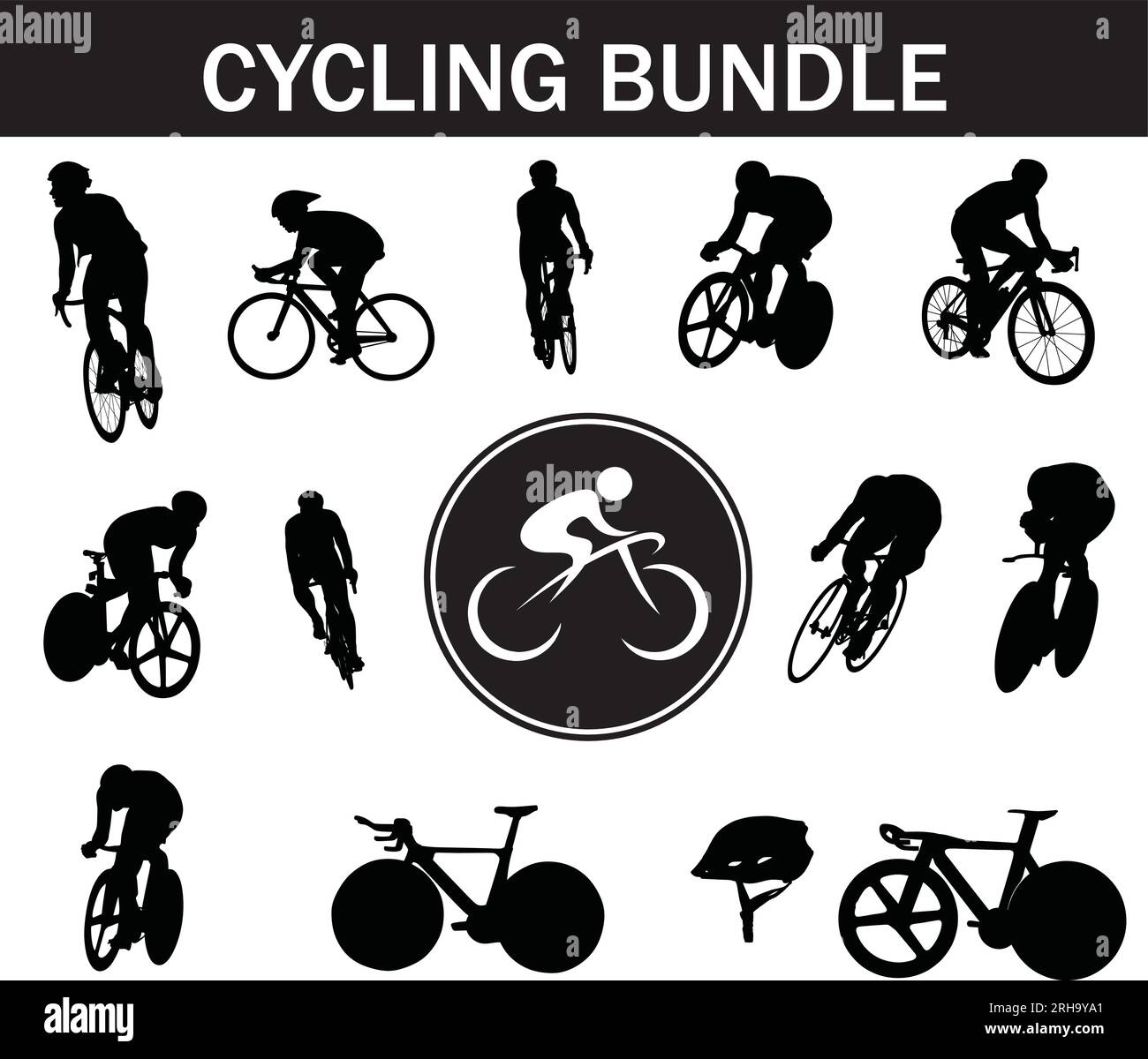 Pacchetto Cycling silhouette | Collezione di ciclisti con logo e attrezzatura da ciclismo Illustrazione Vettoriale