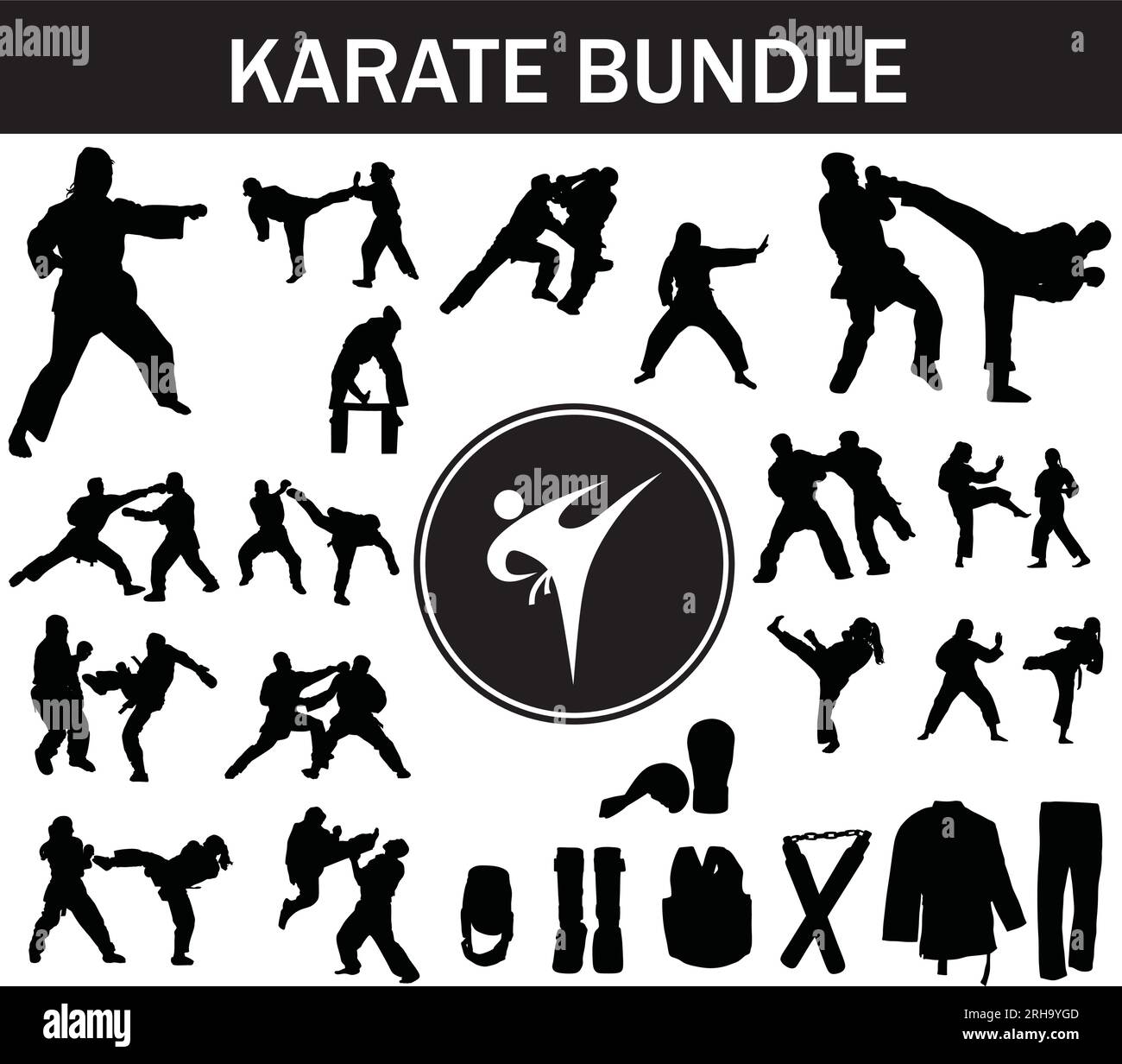 Pacchetto Karate silhouette | Collezione di giocatori Karate con logo e attrezzatura Karate Illustrazione Vettoriale