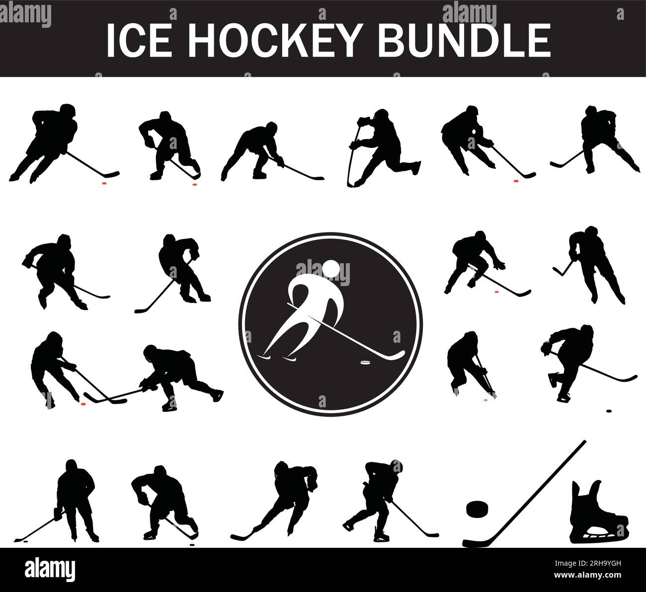 Pacchetto silhouette per hockey su ghiaccio | Collezione di giocatori di hockey su ghiaccio con logo e attrezzatura per hockey su ghiaccio Illustrazione Vettoriale