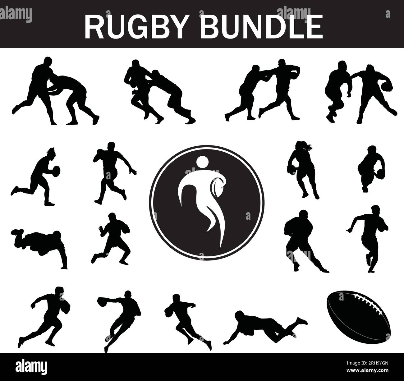 Pacchetto con silhouette di rugby | Collezione di giocatori di rugby con logo e attrezzatura da rugby Illustrazione Vettoriale