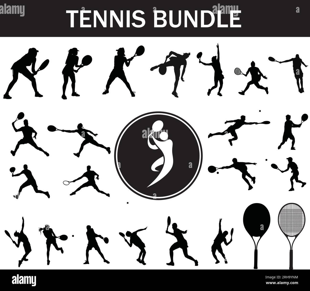 Pacchetto con silhouette da tennis | Collezione di giocatori di tennis con logo e attrezzatura da tennis Illustrazione Vettoriale