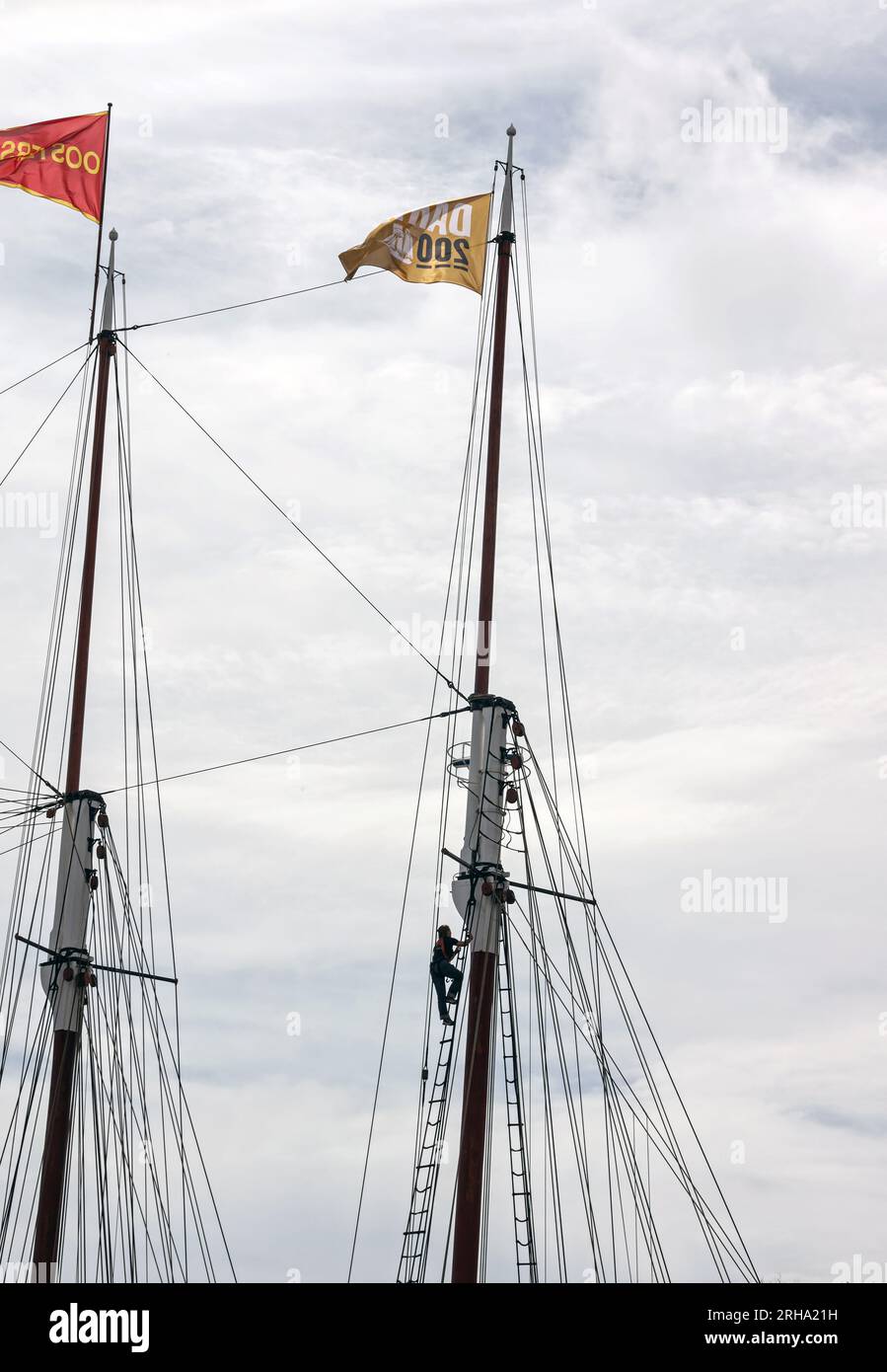 Salendo sul sartiame dell'Oosterchelde, una replica della HMS Beagle ormeggiata a Sutton Harbour, Plymouth pochi giorni prima di ambientare la ricostruzione di Darwin Foto Stock