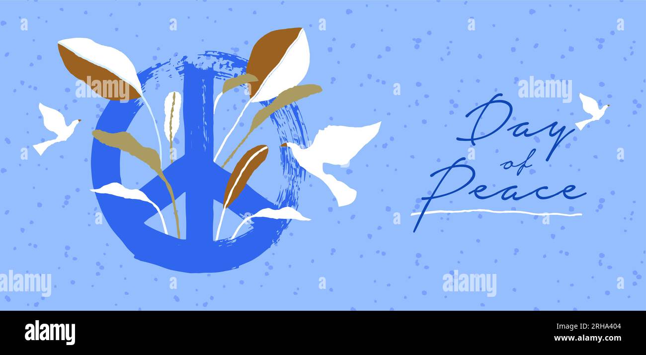 Giornata internazionale della pace disegno di banner sociali con simbolo della pace in blu e bianco colombe disegnate a mano illustrazione vettoriale. Grafica per celebrare la d Illustrazione Vettoriale