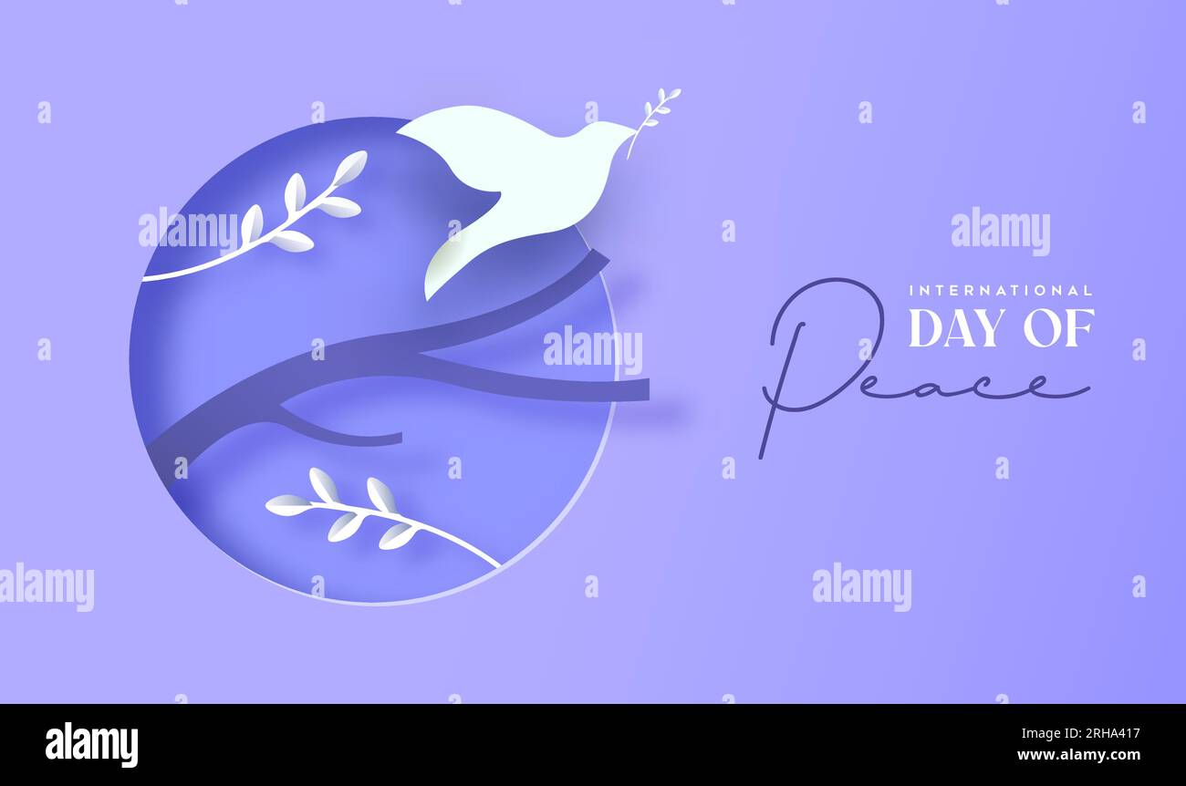 Giornata internazionale della pace illustrazione vettoriale di intagli di animali da colomba bianca su un ramo di albero artigianale di carta su sfondo viola. Grafica des Illustrazione Vettoriale