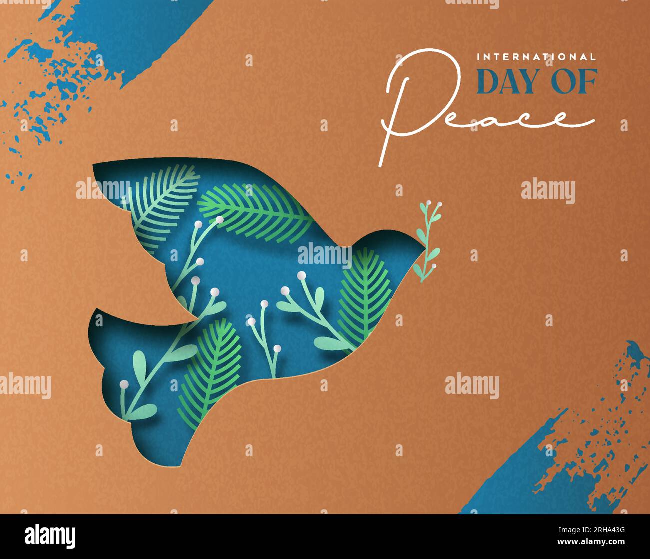 Illustrazione della carta vettoriale della giornata internazionale della pace di un animale da colomba tagliato in carta 3d con ritaglio decoro di foglie di pino all'interno e ramo di ulivo. GR Illustrazione Vettoriale