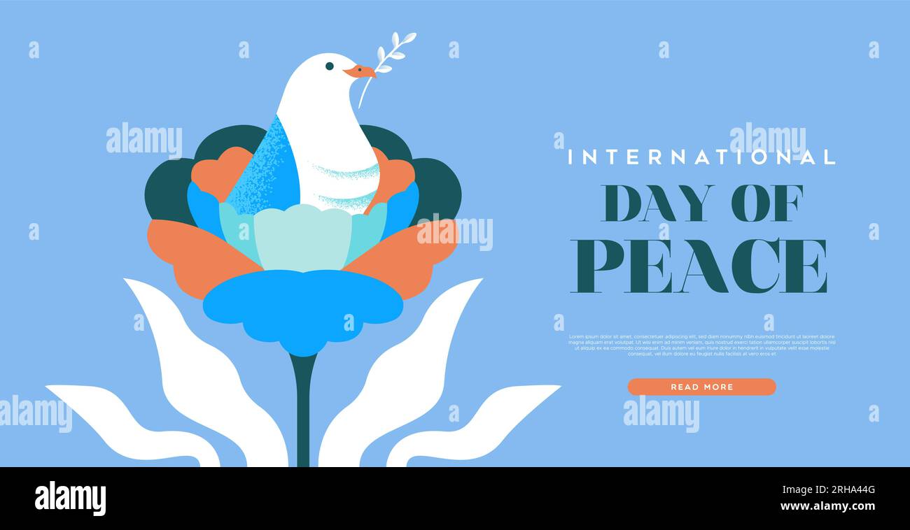 Modello web della giornata internazionale della pace illustrazione vettoriale di un bellissimo uccello bianco della colomba all'interno di un colorato fiore di rose. Design grafico per celebrare Illustrazione Vettoriale