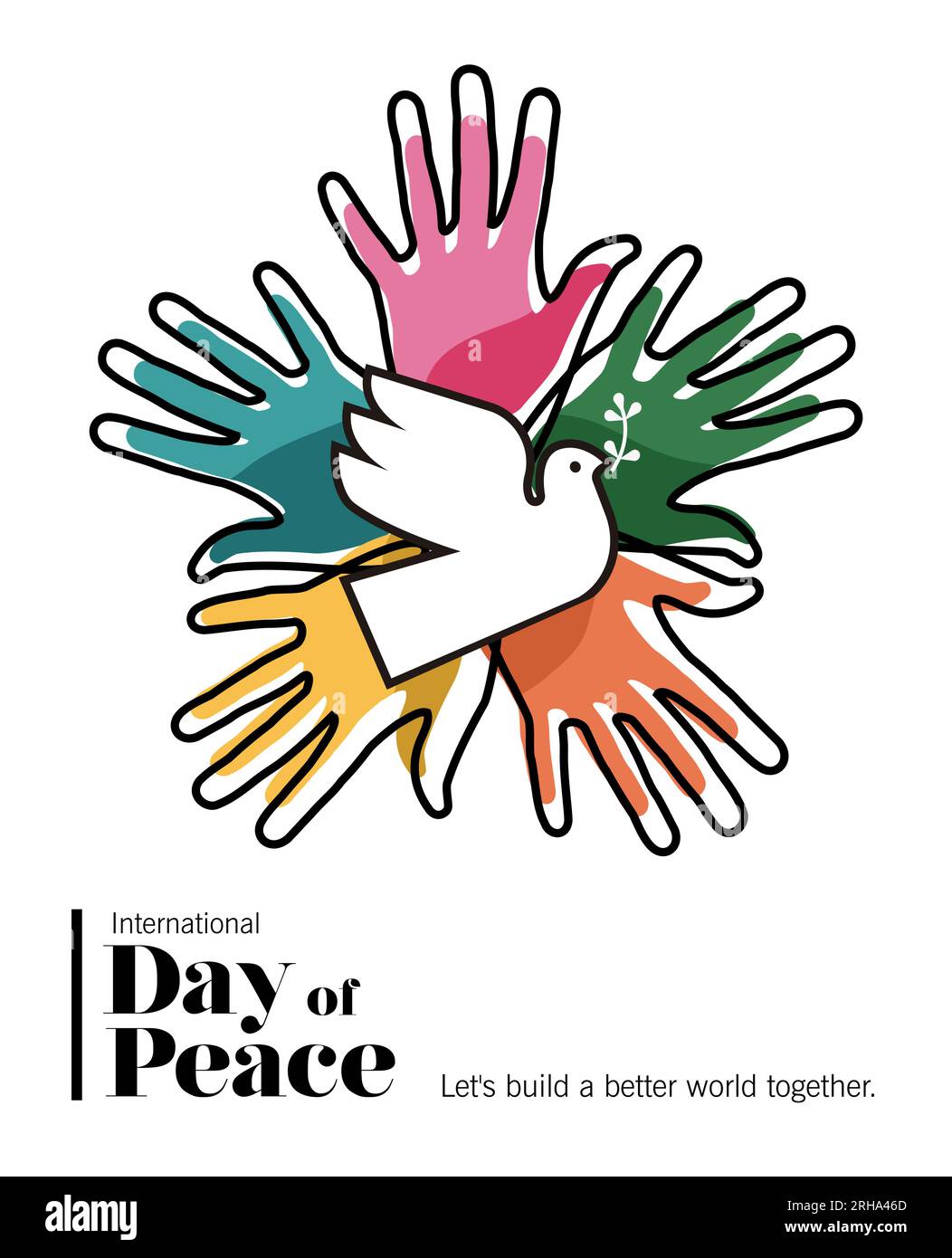 Giornata internazionale della pace illustrazione di carte vettoriali di persone colorate mani insieme a un animale da colomba bianco. Design grafico da celebrare Illustrazione Vettoriale