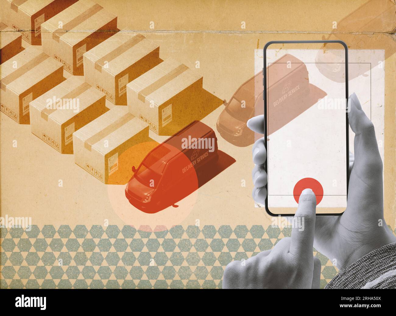 Cliente che effettua un ordine tramite smartphone e consegna dei prodotti, collage in stile vintage Foto Stock