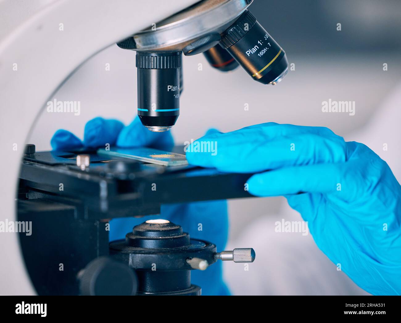 Ricerca di microscopi, mani e operatori scientifici con test tecnologici per uno studio farmaceutico o medico. Chimica, biometrica e molecola Foto Stock