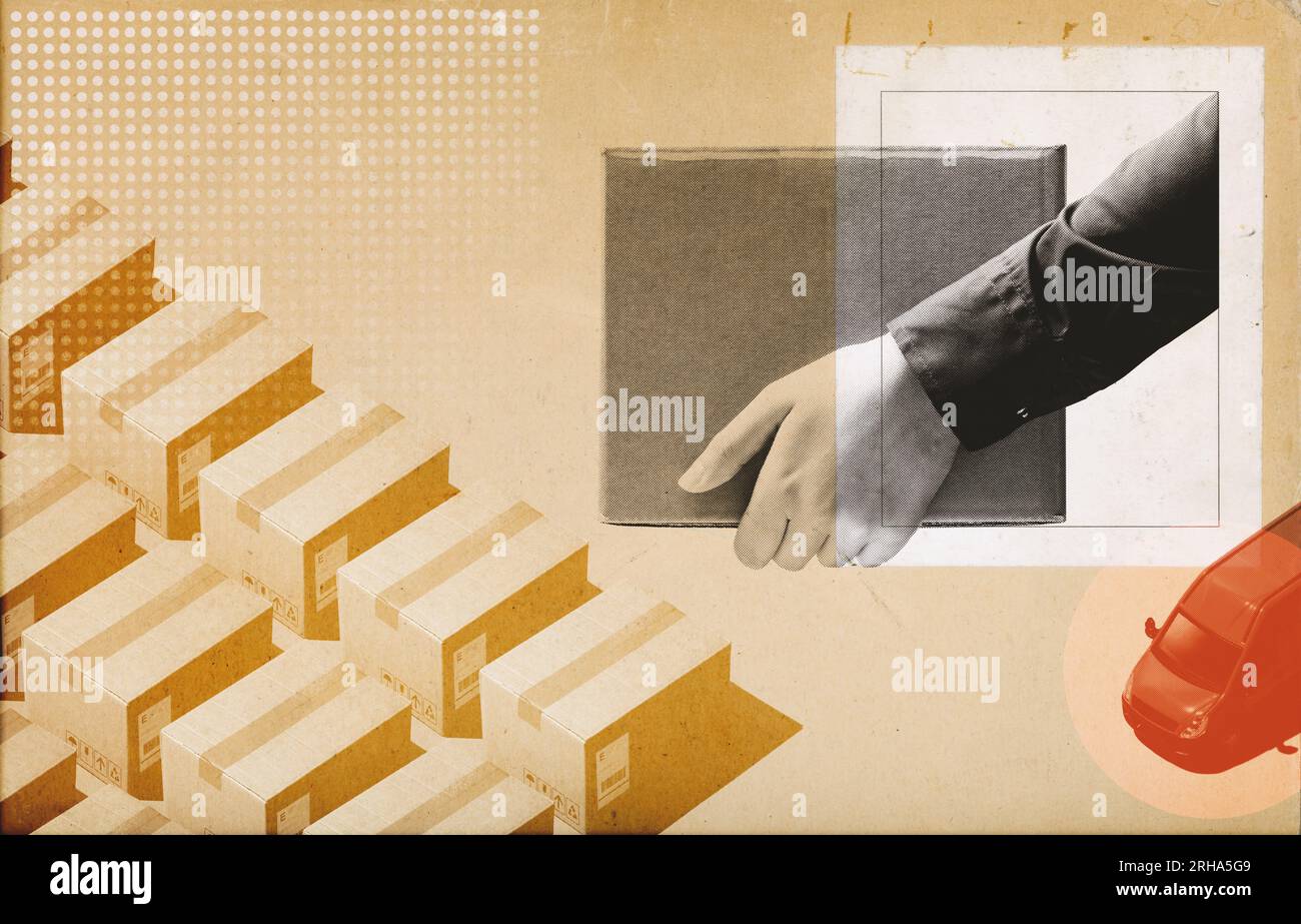 Corriere con una scatola di consegna e operazioni di spedizione in magazzino in background, collage creativo in stile vintage Foto Stock