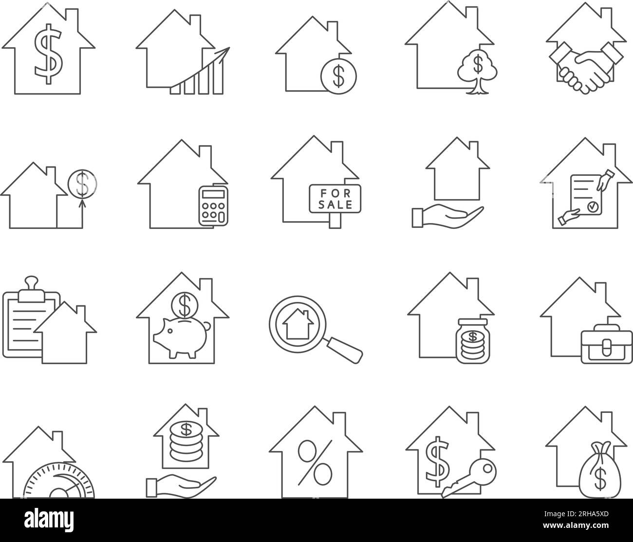 Set di icone per gli investimenti immobiliari. Casa, edificio, proprietà. Tratto modificabile. Raccolta vettoriale icone semplici Illustrazione Vettoriale