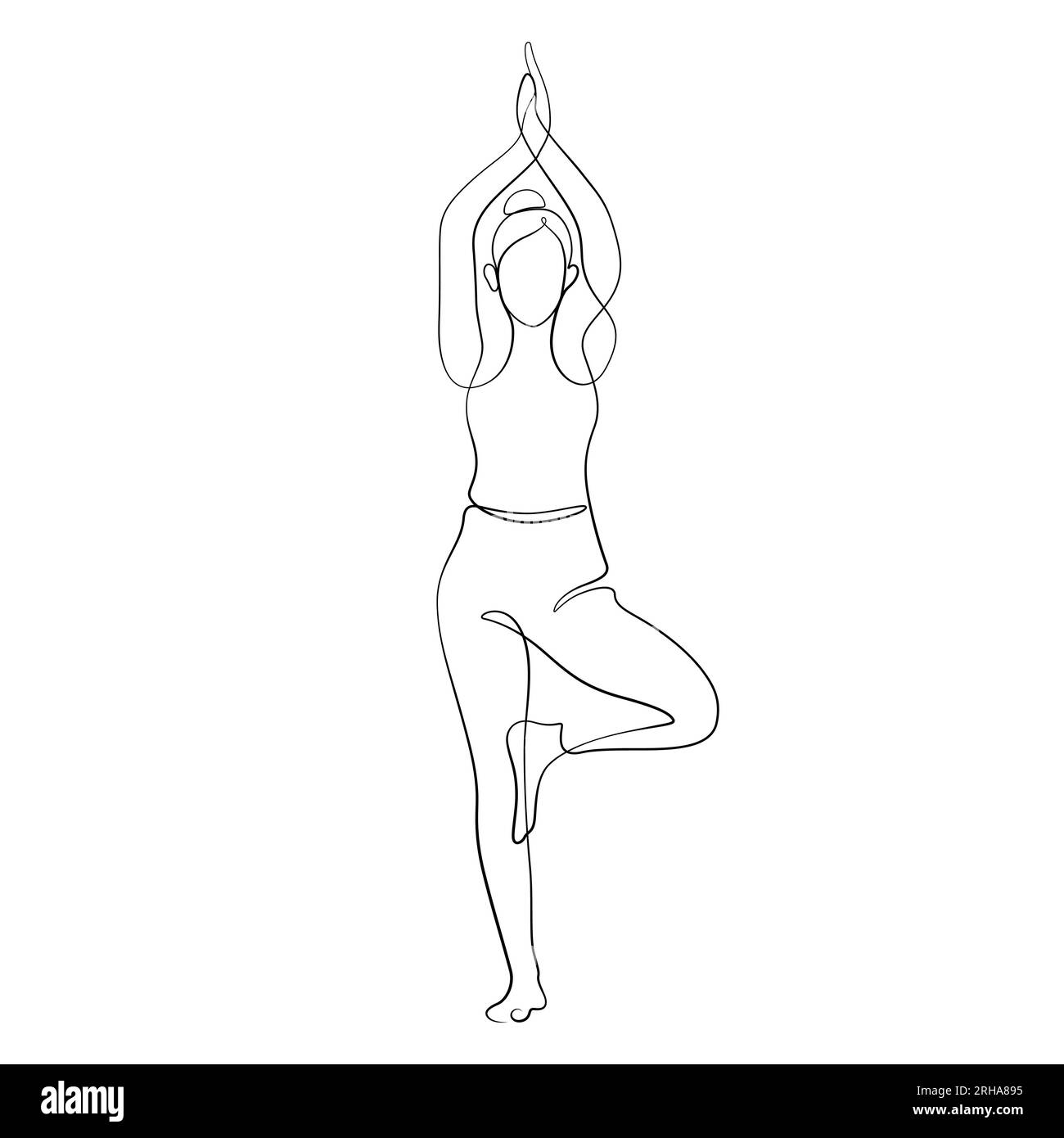 donna che fa albero yoga posa sano esercizio in linea continua disegno calligrafico foderato minimalista concetto Illustrazione Vettoriale
