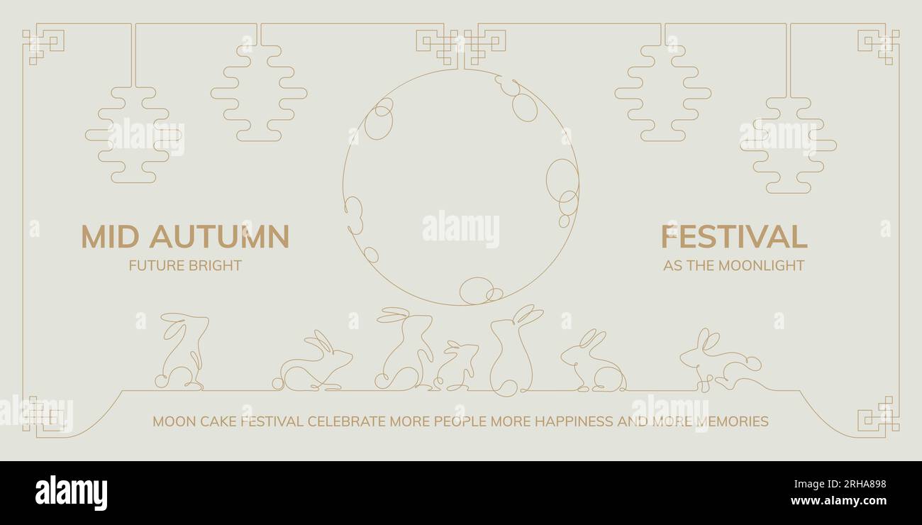 la famiglia happy rabbits festeggia metà autunno e il festival chuseok sul tetto in stile orientale disegno a una linea con luna piena e lanterne decorate per banne Illustrazione Vettoriale