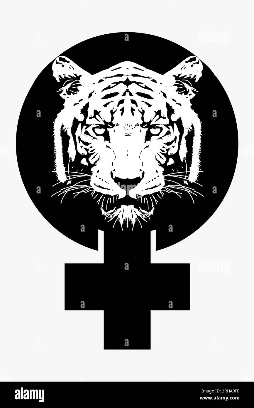 Disegna una t-shirt tigre sul simbolo del femminismo in bianco e nero. illustrazione vettoriale per la lotta ai diritti umani. Illustrazione Vettoriale
