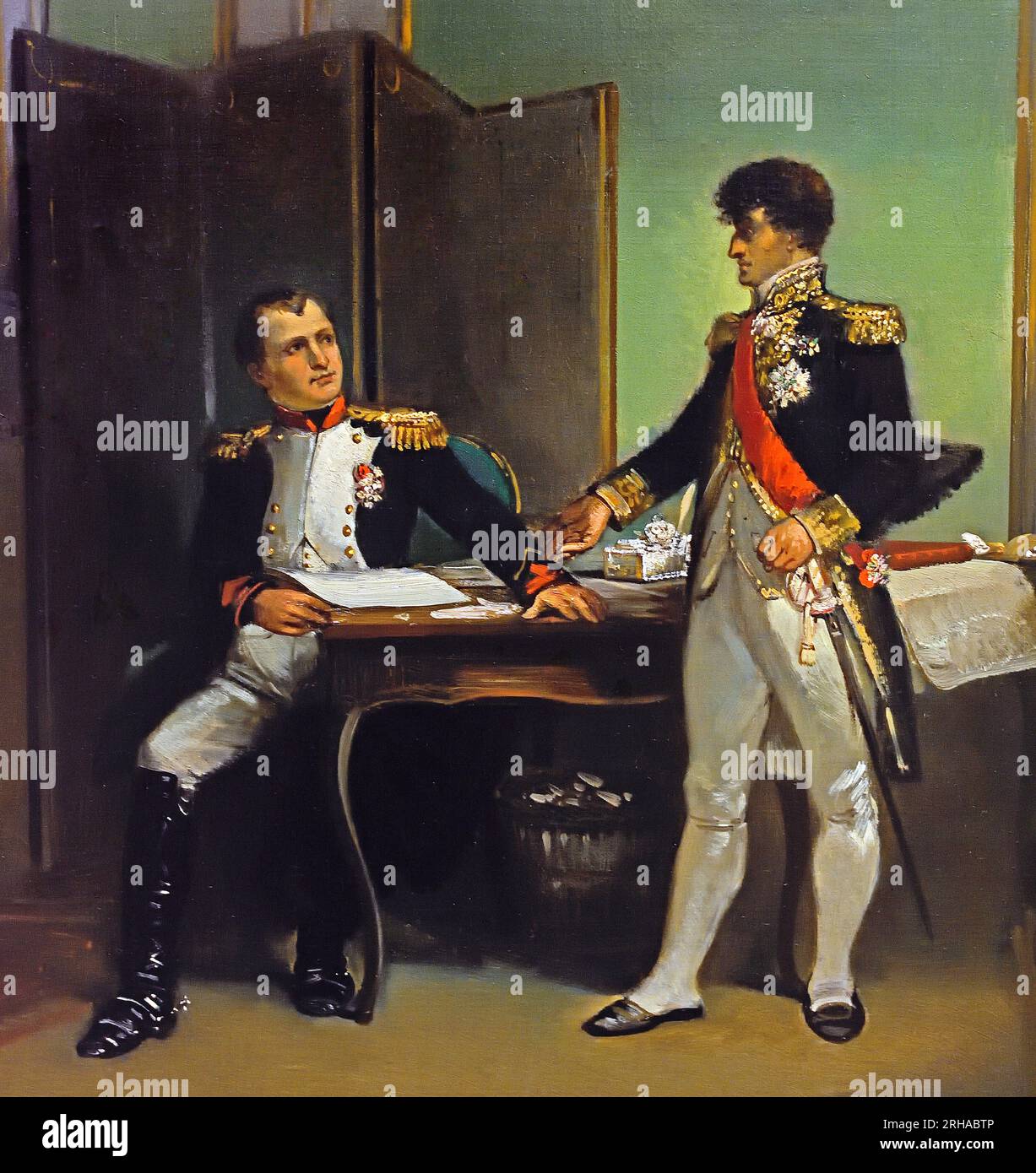 Herman Ten Kate - anno 1809. Lodewijk Napoleone difende l'indipendenza olandese contro Napoleone, i Paesi Bassi, HollandLouis Bonaparte, il fratello preferito di Napoleone, si era personalmente formato e cresciuto. Le aspettative dell'imperatore francese erano quindi alte quando lo pose sul trono del nuovo Regno d'Olanda nel giugno 1806 come Lodewijk Napoleon. lo delude. Luigi si rifiutò di essere il bastardo di Napoleone. Vedendo quanto fossero dannose le richieste militari, finanziarie ed economiche francesi per l'Olanda, cercò di resistere e mitigarle. . Foto Stock