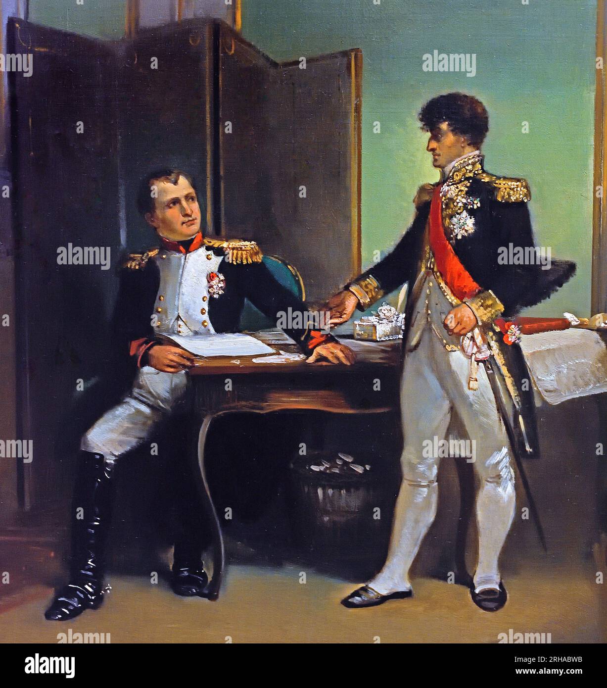 Herman Ten Kate - anno 1809. Lodewijk Napoleone difende l'indipendenza olandese contro Napoleone, i Paesi Bassi, HollandLouis Bonaparte, il fratello preferito di Napoleone, si era personalmente formato e cresciuto. Le aspettative dell'imperatore francese erano quindi alte quando lo pose sul trono del nuovo Regno d'Olanda nel giugno 1806 come Lodewijk Napoleon. lo delude. Luigi si rifiutò di essere il bastardo di Napoleone. Vedendo quanto fossero dannose le richieste militari, finanziarie ed economiche francesi per l'Olanda, cercò di resistere e mitigarle. . Foto Stock
