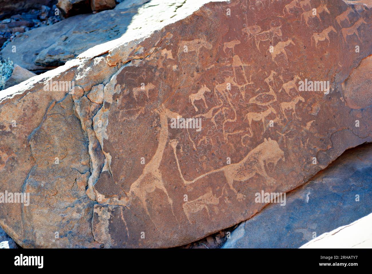 Namibia. Incisione rupestre preistorica nel sito archeologico di Twyfelfontein, regione di Kunene Foto Stock