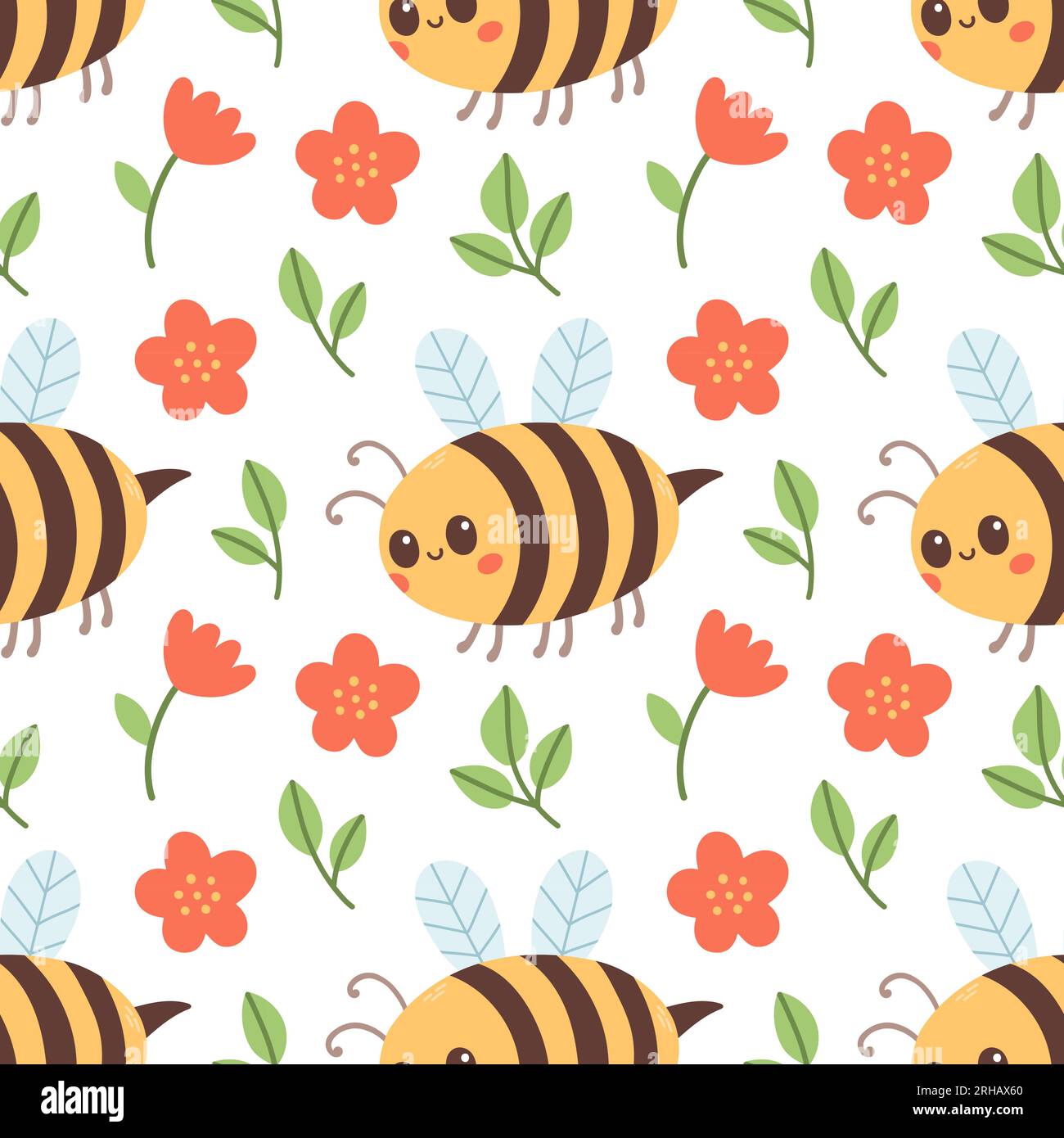 Motivo senza cuciture di api, fiori rossi e foglia verde su sfondo bianco illustrazione vettoriale. Illustrazione Vettoriale