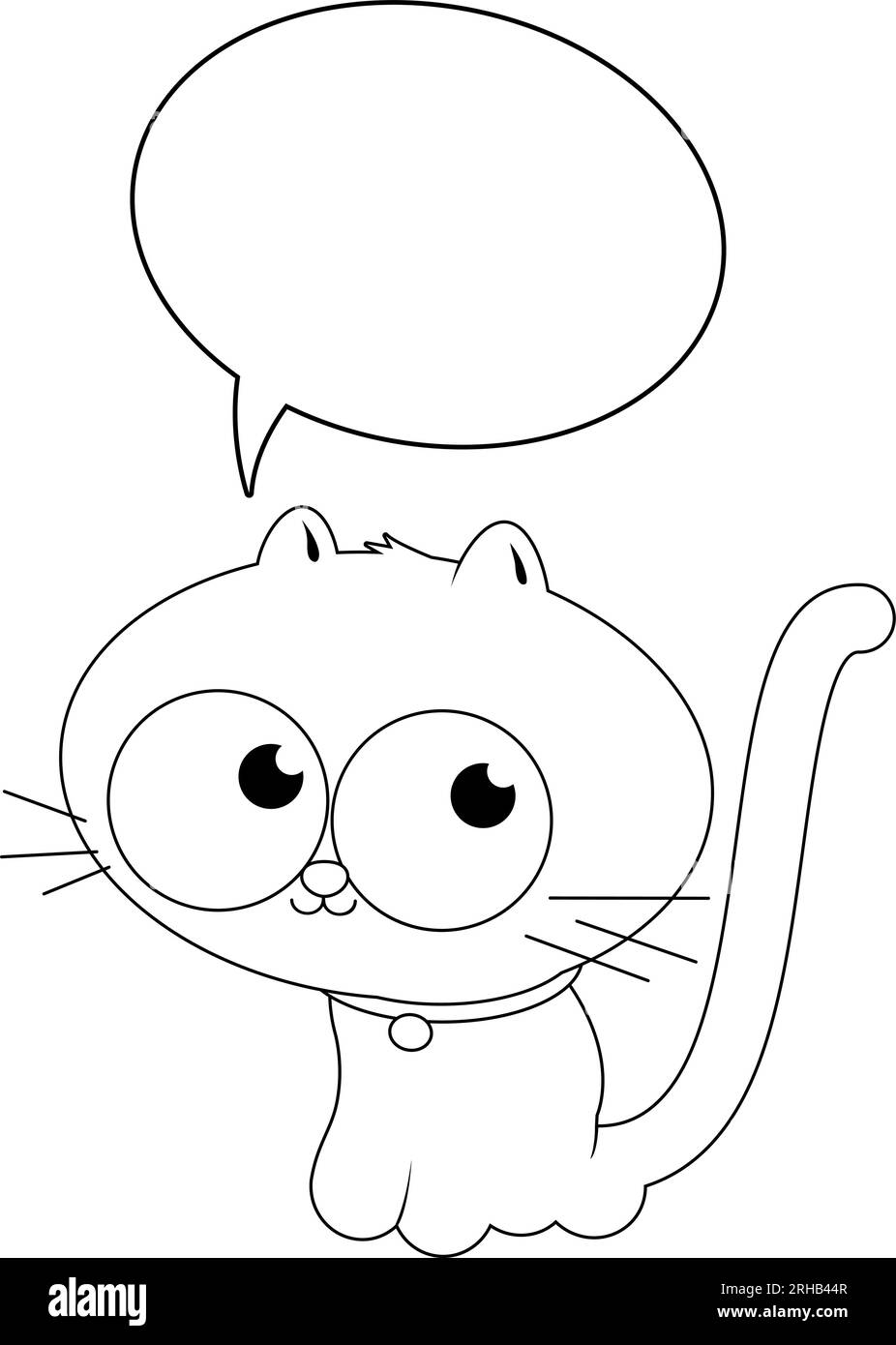 Gatto dei cartoni animati con un fumetto. Pagina vettoriale di colorazione in bianco e nero. Illustrazione Vettoriale