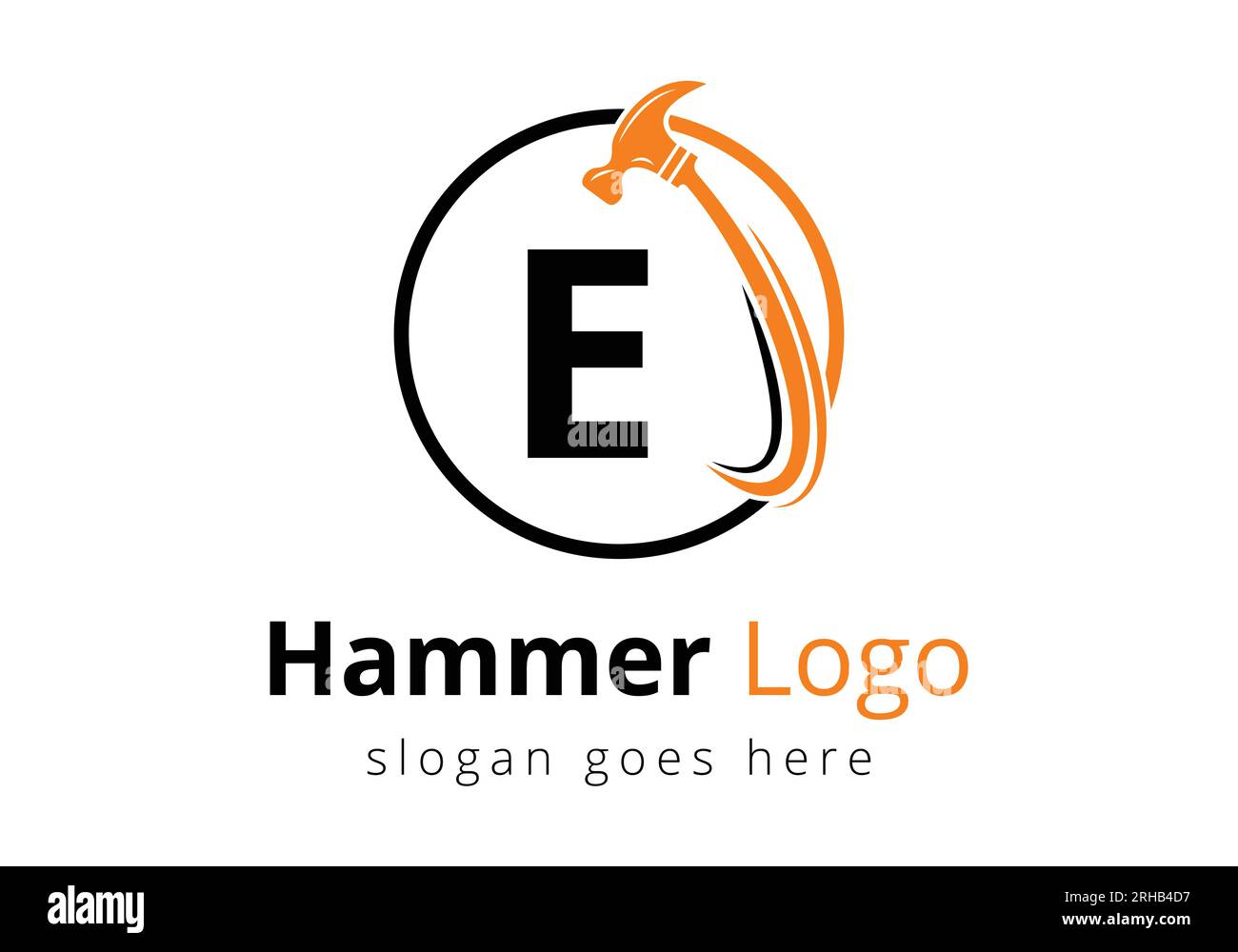 Modello vettoriale simbolo di riparazione Letter e Hammer Logo Concept for Construction, Woodworking Company Repair. Moderno logo vettoriale per il settore delle costruzioni e c Illustrazione Vettoriale