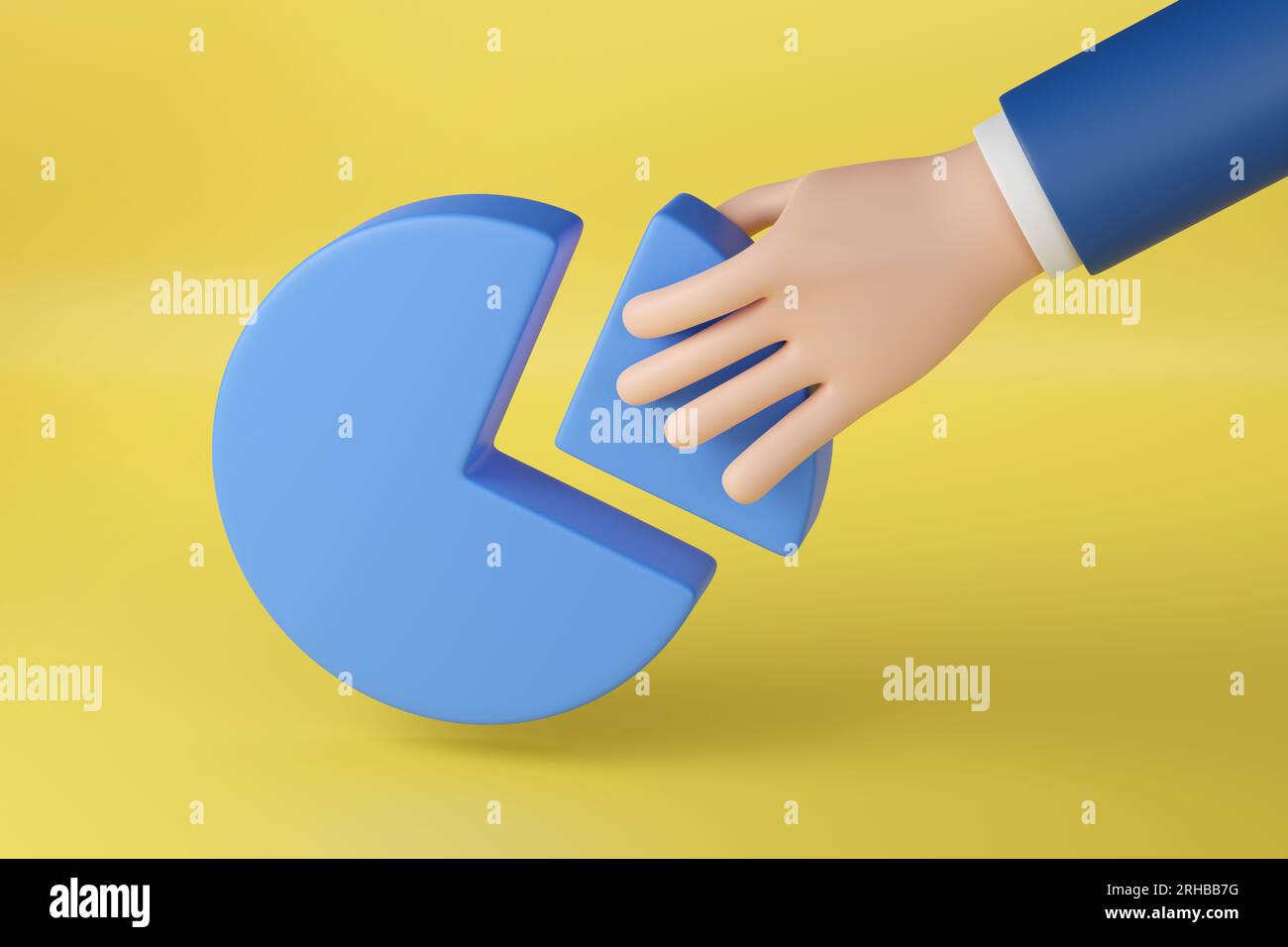 Mano del cartone animato che raccoglie un pezzo di un grafico a torta. illustrazione 3d. Foto Stock