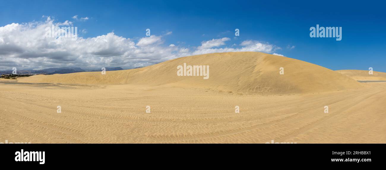 Fotografía panorámica de las Dunas de Maspalomas. El viento y la arena crean paisajes diferentes. Gran Canaria, España Foto Stock