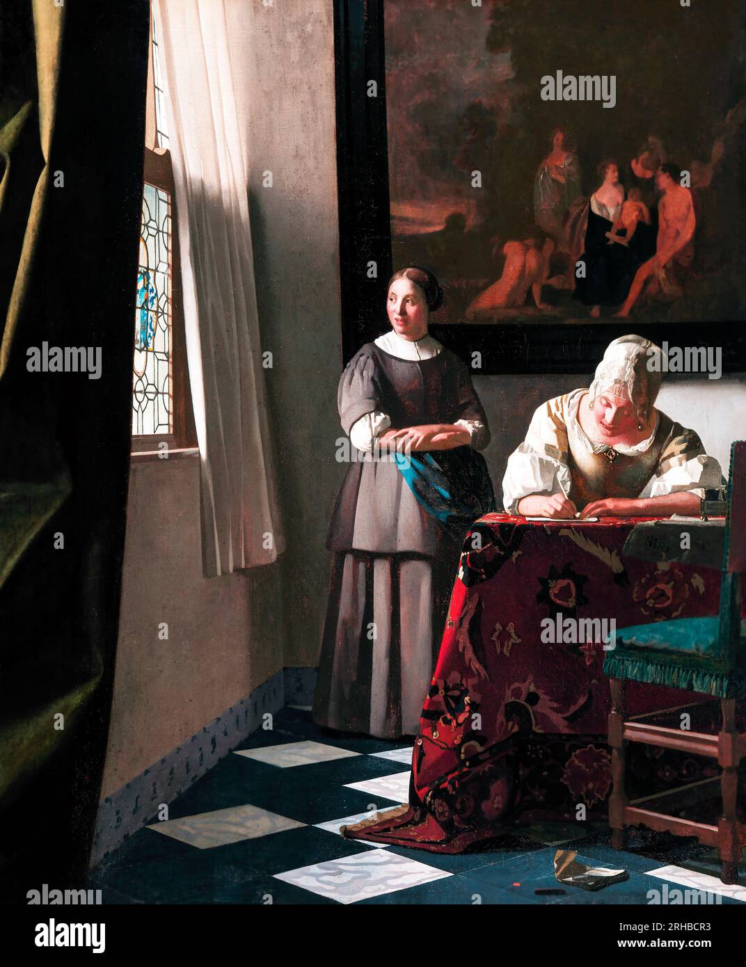 La signora di Johannes Vermeer scrive una lettera con il suo famoso dipinto Maid. Originale da Wikimedia Commons. Foto Stock