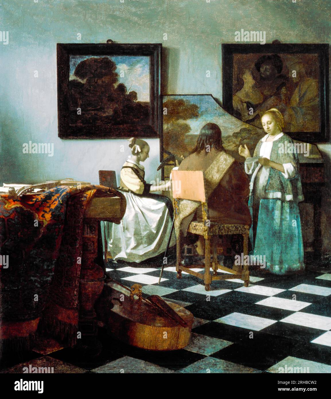 Il famoso dipinto di Johannes Vermeer The Concert. Originale da Wikimedia Commons. Foto Stock