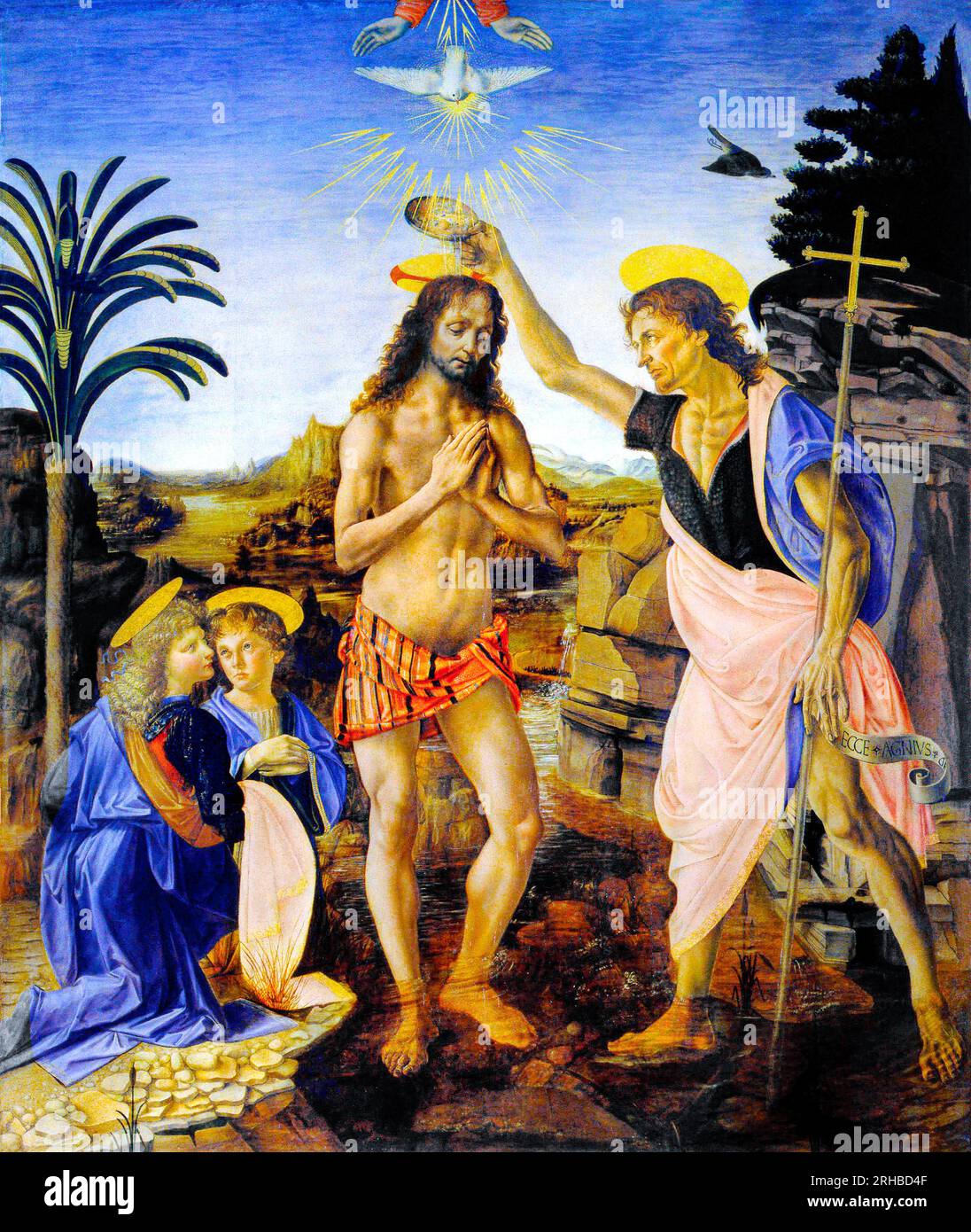 Il Battesimo di Cristo di Leonardo da Vinci, famoso dipinto. Originale da Wikimedia Commons. Foto Stock