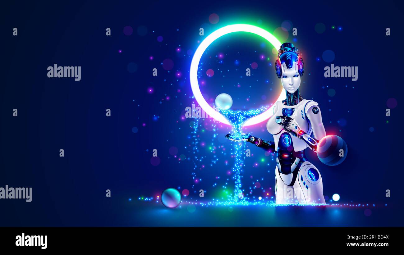 Una donna robot AI con analisi dell'intelligenza artificiale che consente di gestire i big data. Cyborg donna contemplativa flusso di riferimento in cascata di immagini di particelle di luce. Illustrazione Vettoriale