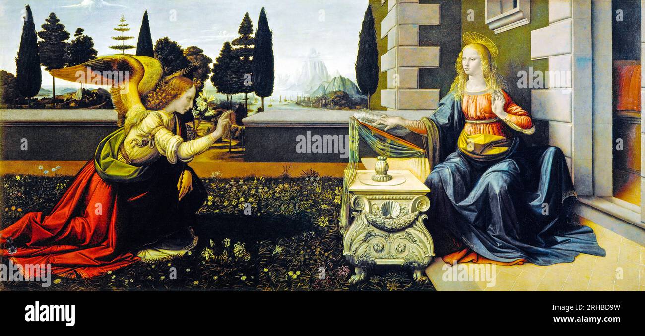 Il famoso dipinto di Leonardo da Vinci l'Annunciazione. Originale da Wikimedia Commons. Foto Stock