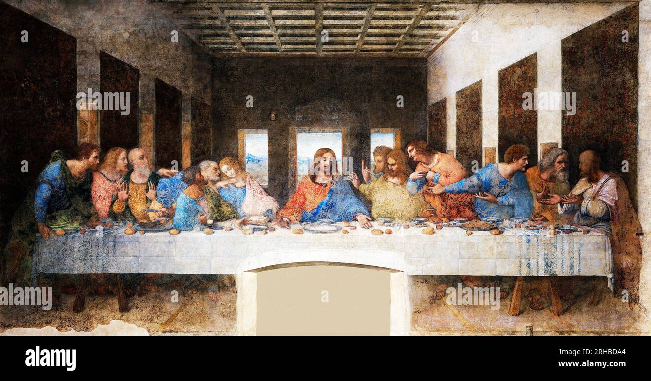 Il famoso dipinto de l'ultima cena di Leonardo da Vinci. Originale da Wikimedia Commons. Foto Stock