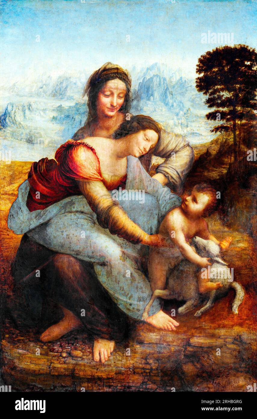 La Vergine e il bambino di Leonardo da Vinci con il famoso dipinto di Sant'Anna. Originale da Wikimedia Commons. Foto Stock