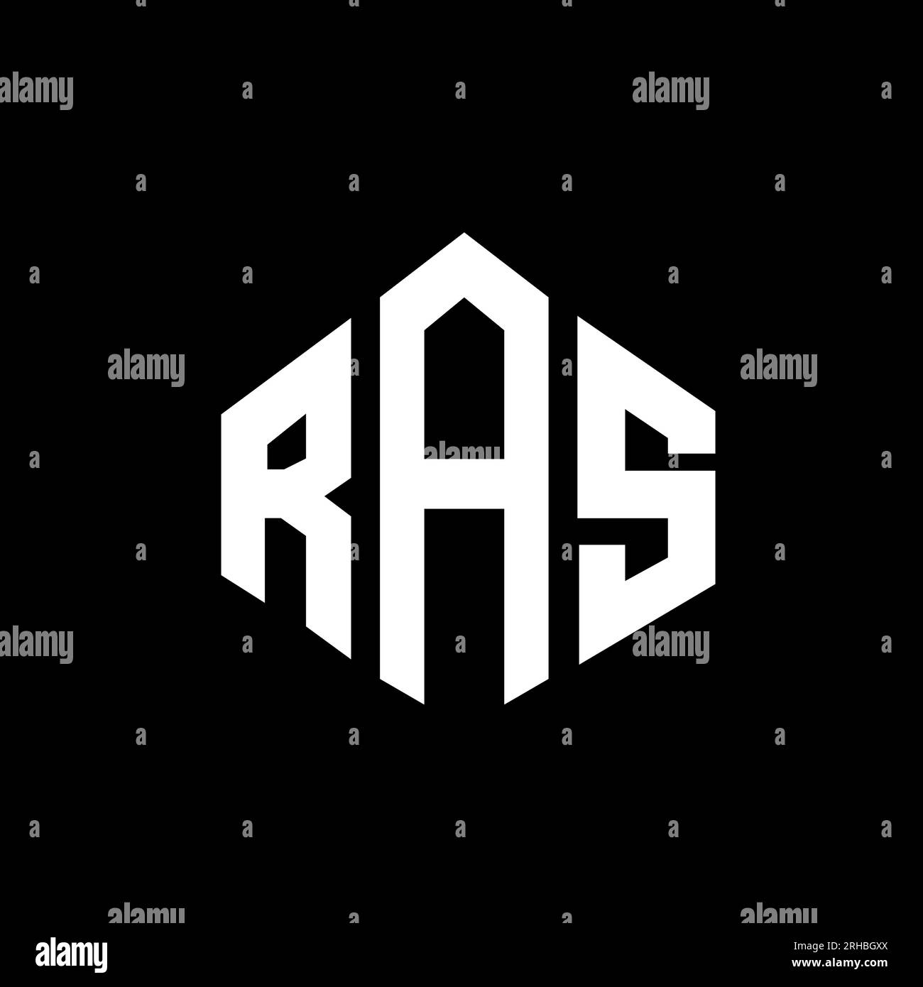 Logo RAS Letter con forma poligonale. Design con logo a forma di cubo e poligono RAS. Template logo vettoriale esagonale RAS colori bianco e nero. Monogr RAS Illustrazione Vettoriale