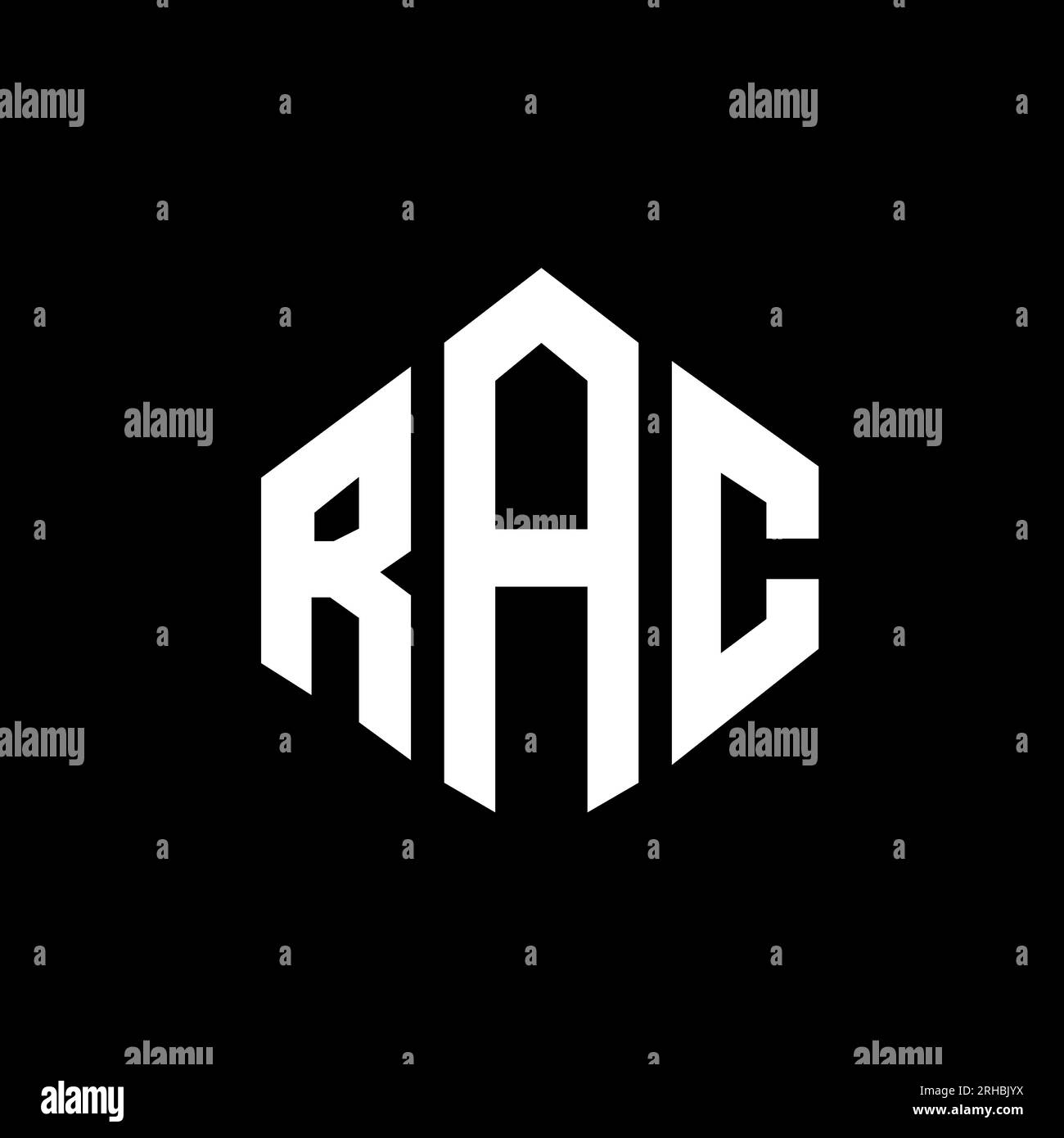 Logo RAC Letter con forma poligonale. Design con logo a forma di cubo e poligono RAC. Modello con logo vettoriale esagonale RAC in bianco e nero. RAC monogr Illustrazione Vettoriale
