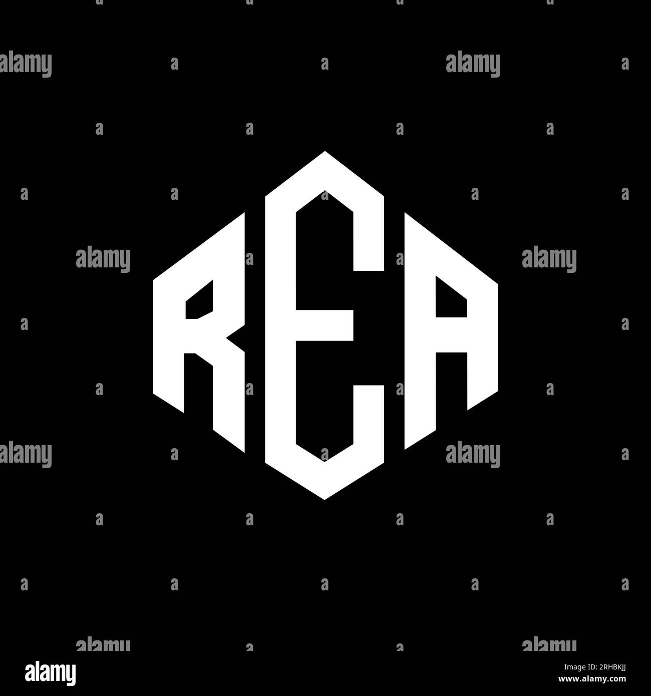 Logo REA Letter con forma poligonale. Design con logo a forma di cubo e poligono REA. Modello con logo vettoriale esagonale REA in bianco e nero. REA monogr Illustrazione Vettoriale
