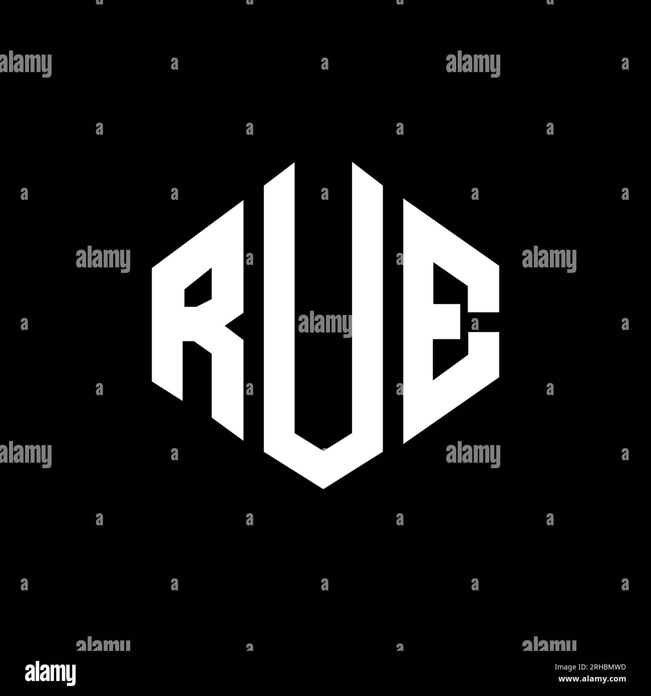 Logo RUE Letter con forma poligonale. Design del logo RUVIDO a forma di poligono e cubo. Modello con logo vettoriale esagonale RUE, colori bianco e nero. RUE monogr Illustrazione Vettoriale