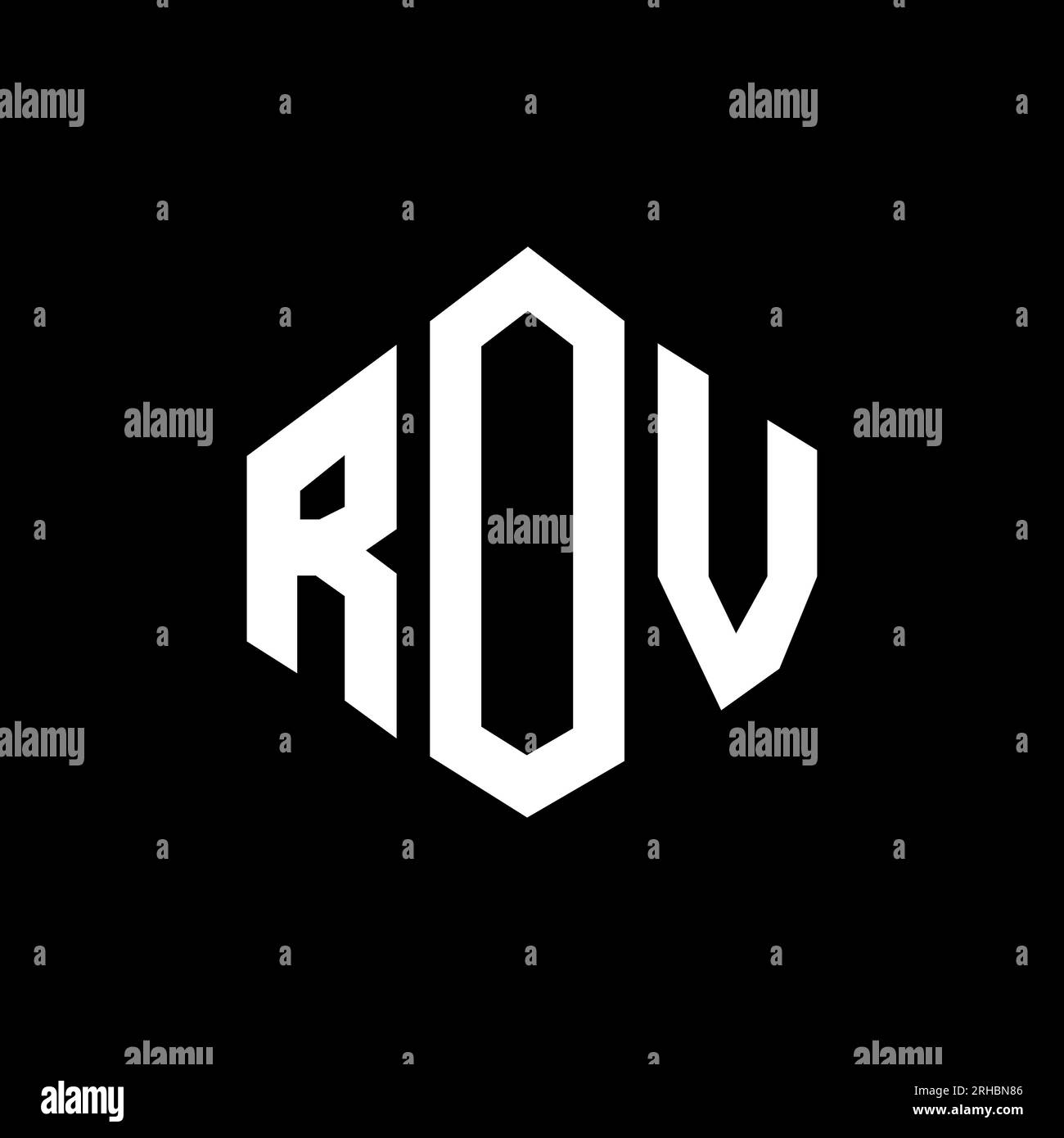 Logo ROV Letter con forma poligonale. Design con logo a forma di cubo e poligono ROV. Modello con logo vettoriale esagonale ROV in bianco e nero. ROV monogr Illustrazione Vettoriale