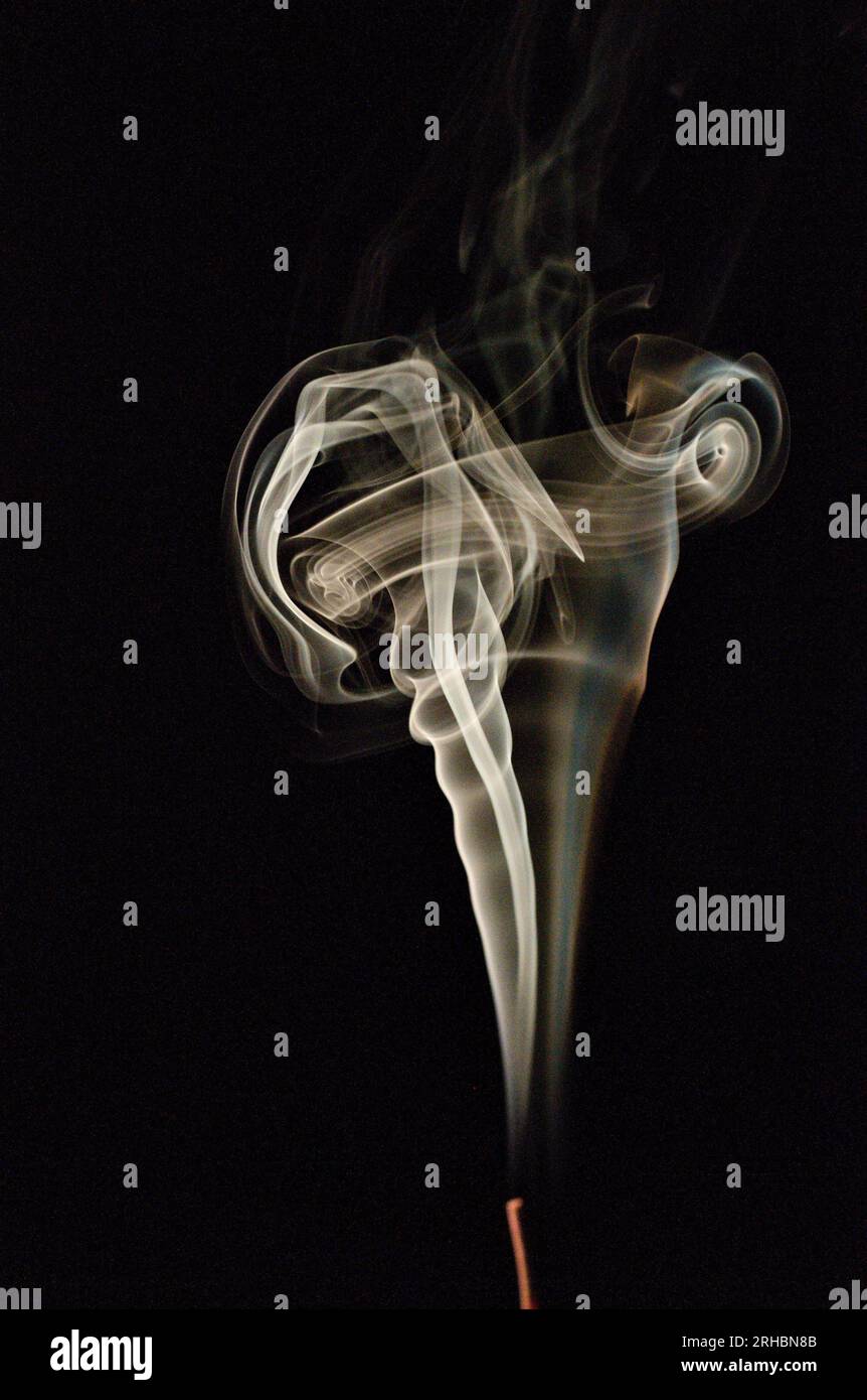 Foto astratta del fumo di sigaretta che interrompe il movimento isolato su sfondo nero scuro. Divertimento con il fumo. Foto Stock