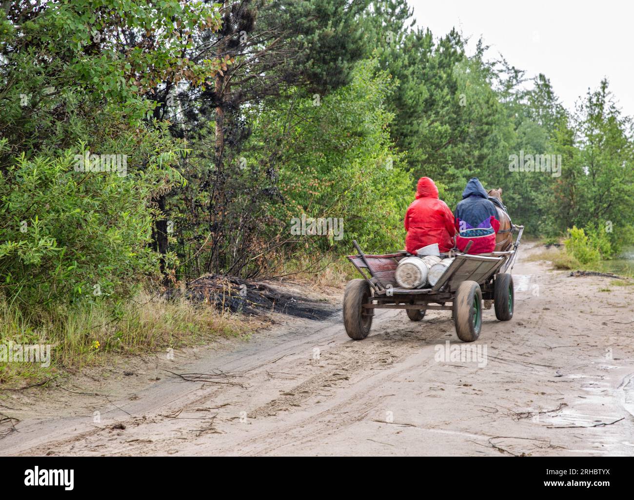 Un'antica carrozza trainata da cavalli trasporta due persone sotto forte pioggia lungo il lago. Foto Stock