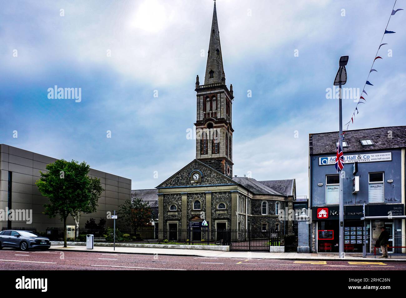 La prima chiesa presbiteriana a Main Street, Bangor, County Down, Irlanda del Nord. Foto Stock