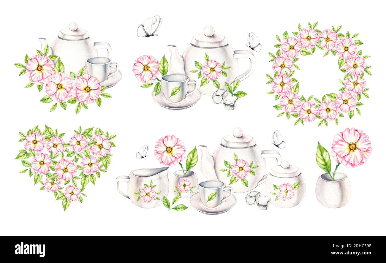 Set di acquerelli composizione di piatti in porcellana, fiori, mazzi, farfalle su bianco. Illustrazione isolata per la progettazione di menu, ristoranti, imballaggi, Foto Stock