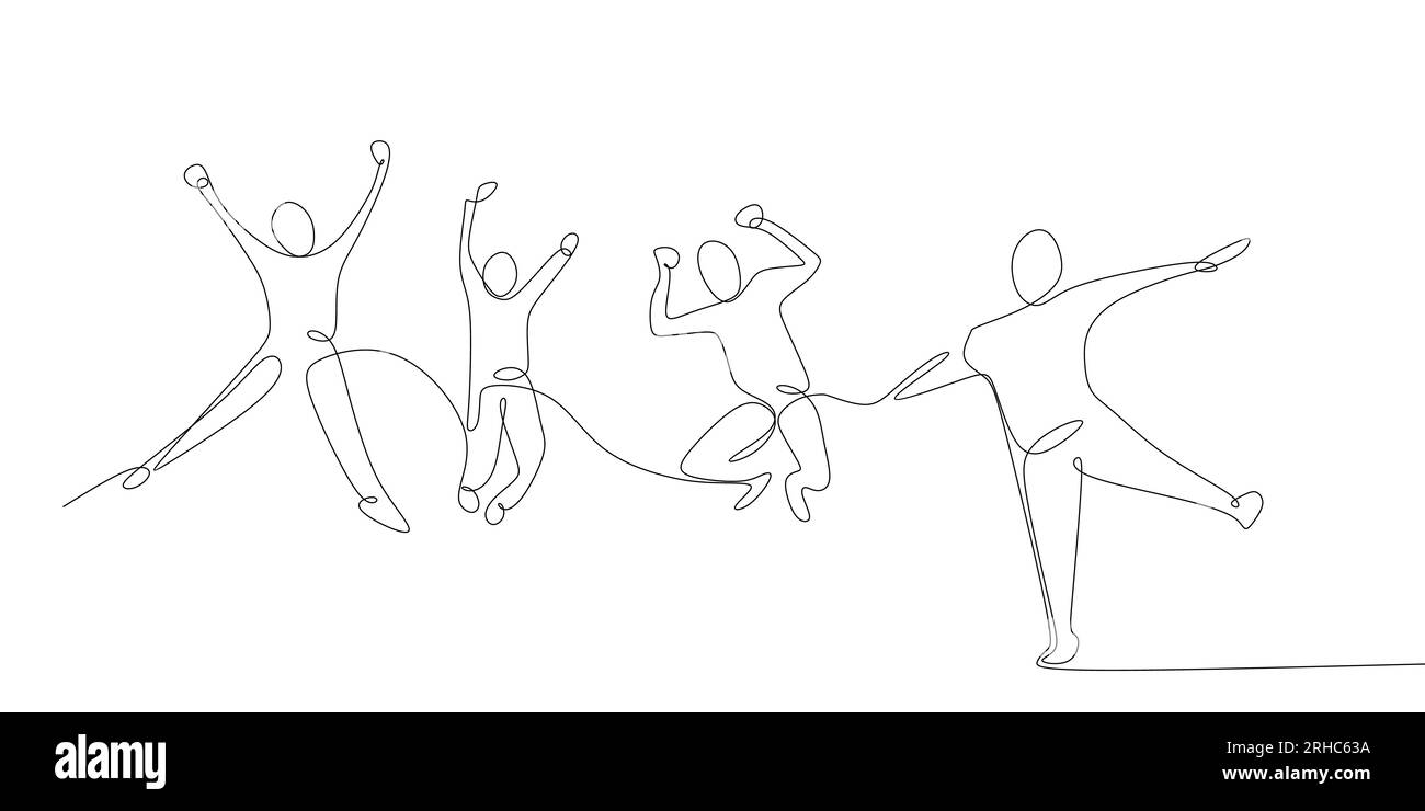 disegno continuo a una riga di quattro membri del team che saltano felici celebrano l'illustrazione vettoriale Illustrazione Vettoriale