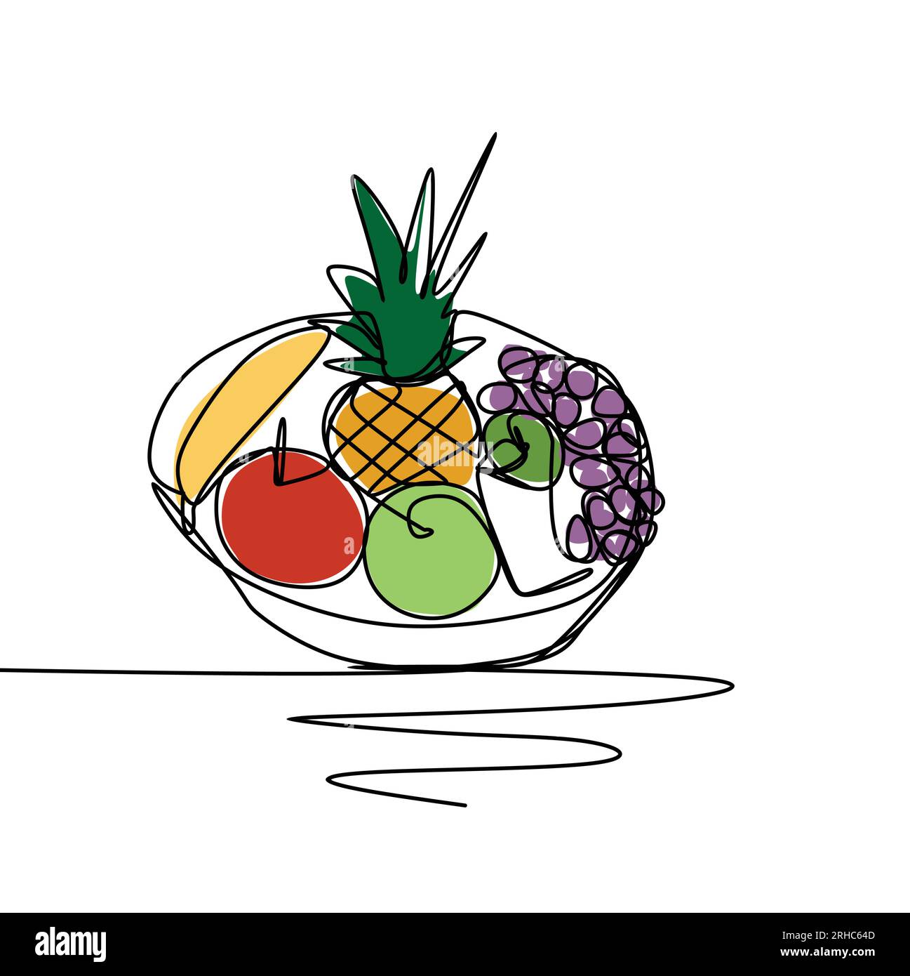 Illustrazione vettoriale con disegno a linee continue per verdure. Concetto di banana, mela, ananas e uva. Illustrazione Vettoriale