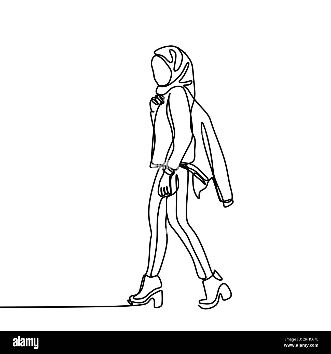 Disegno continuo di una ragazza hijab alla moda. Donne islamiche che indossano sciarpa in posa di bellezza illustrazione vettoriale. Illustrazione Vettoriale