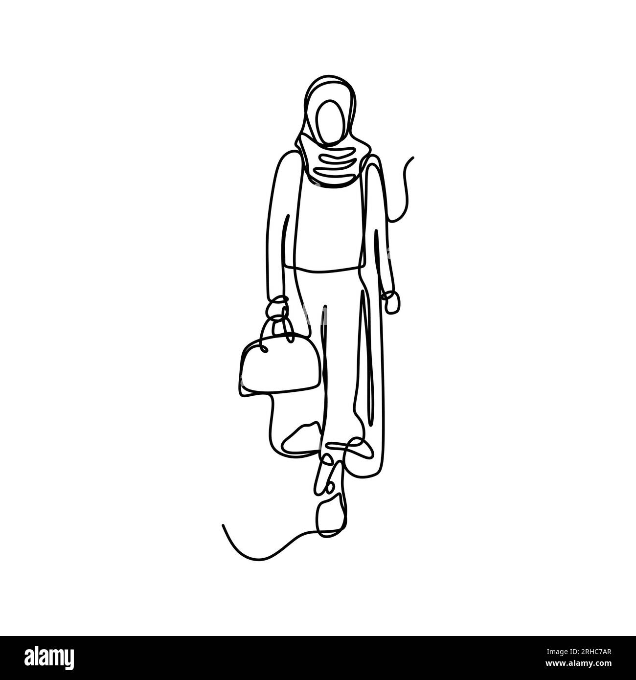 Disegno continuo di una ragazza hijab alla moda. Donne islamiche che indossano sciarpa in posa di bellezza illustrazione vettoriale. Illustrazione Vettoriale