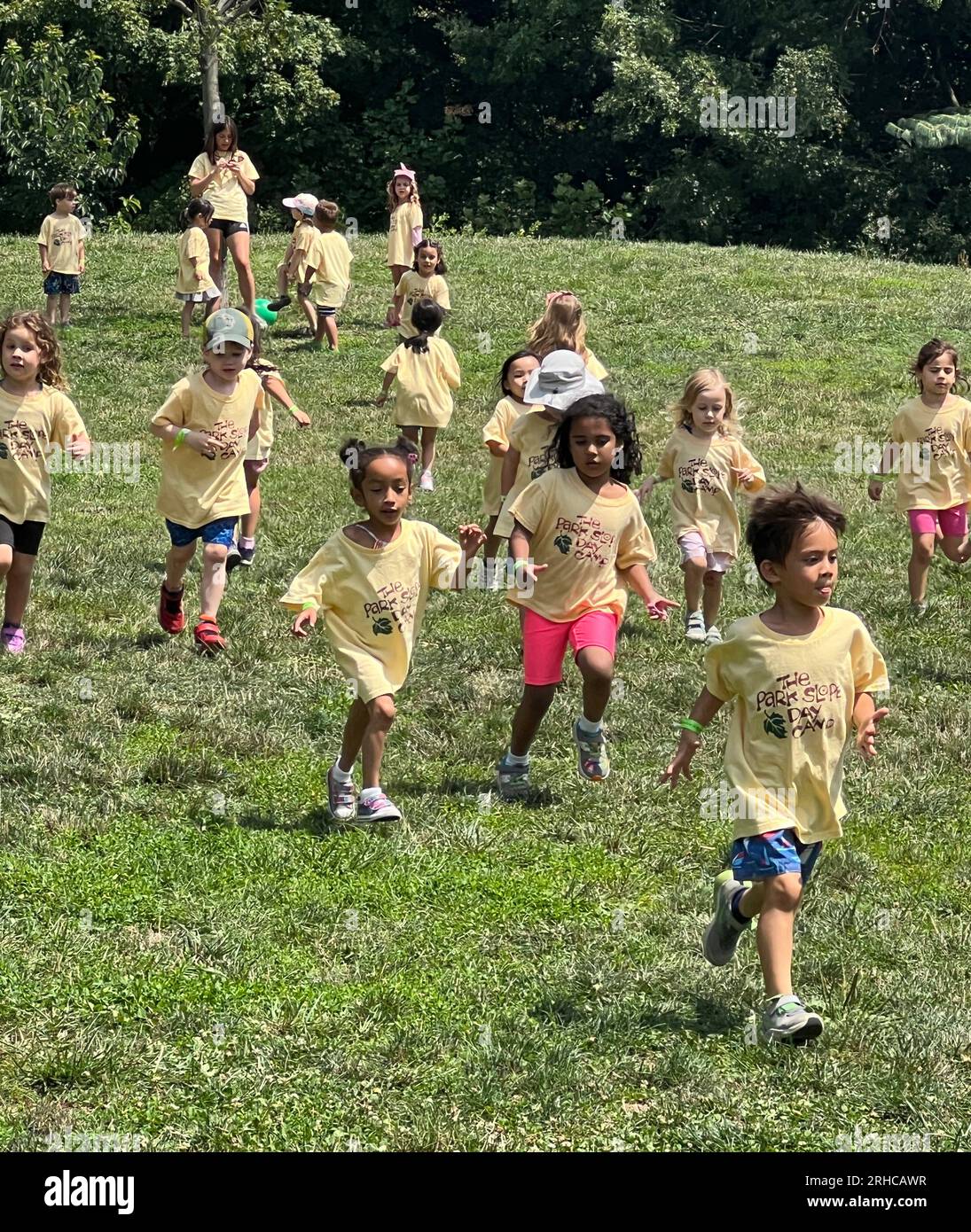 Park Slope Day Camp bambini che giocano a Prospect Park durante le vacanze scolastiche estive a Brooklyn, New York. Foto Stock