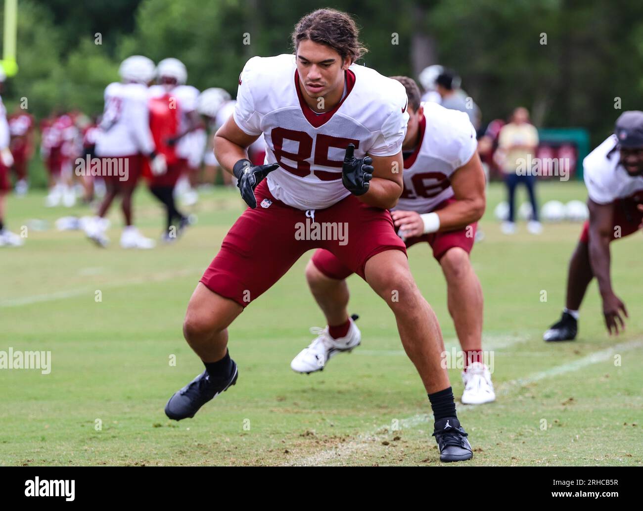 Washington Commanders tight end Cole Turner (85) camminando attraverso alcune formazioni con altri giocatori di tight end prima di allenarsi l'8 agosto 2023 presso l'OrthoVirginia Training Center al Commanders Park di Ashburn va (Alyssa Howell/Image of Sport) Foto Stock